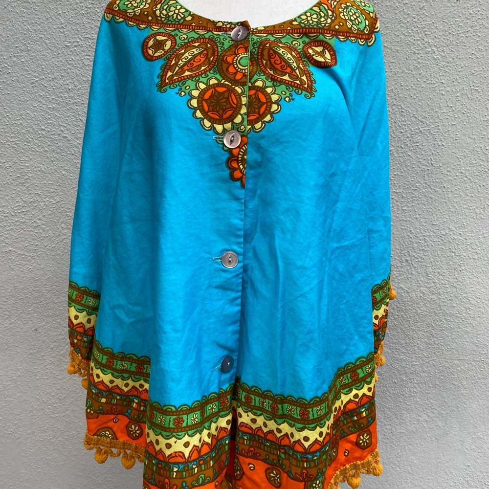 Vintage Vibrant Colorful Poncho with PomPoms by Orvieto Creations Italy to Miami